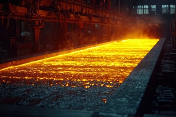 Fototapeta premium Molten Metal Flowing Through Industrial Conveyor Belt