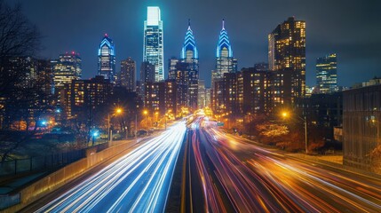 Obraz premium Night view of a city skyline with illuminated buildings and light trails from traffic.