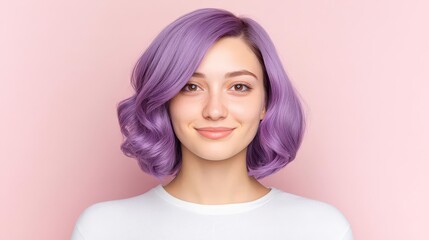 Fototapeta premium Before-and-after shot of brunette hair turning into vivid purple with soft curls, hair transformation, dramatic change