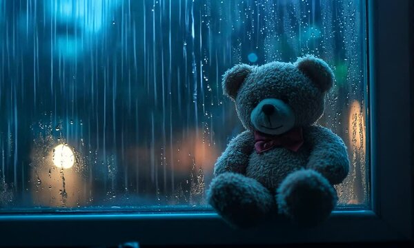 teddy bear alone on window