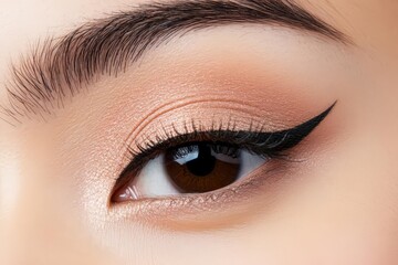 Obraz premium Close-up view of a stylish eye makeup featuring a winged eyeliner, showcasing a flawless skin tone and beautiful lashes.