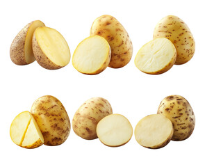Fresh organic potatoes cut in various ways  transparent background