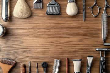 Close-up of barber tools, razors, brushes, and scissors on a wooden counter, flat design illustration