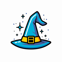 A magical blue witch hat with a yellow buckle and sparkling stars, perfect for Halloween or fantasy themes