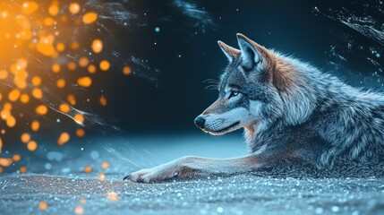 Fototapeta premium A close-up of a wolf in a serene setting with an artistic overlay of light effects.