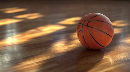 Classic basketball placed on a polished wooden floor in a gym, ideal for athletic concepts and sports training visuals.