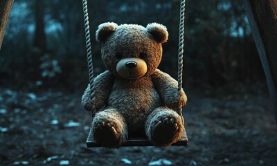 sad teddy bear on swing
