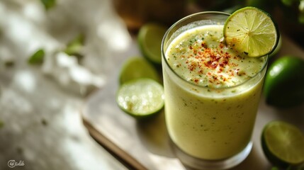 A refreshing lime smoothie garnished with a lime slice and sprinkled with spices.