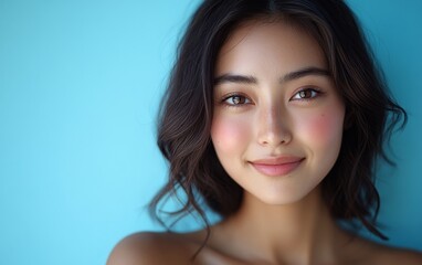 Naklejka premium Asian Woman with Shoulder-Length Hair Smiling in Sunlight Against Light Blue Background