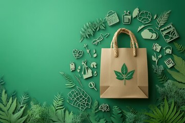 Eco-Friendly Shopping Concept in Paper Cut Style with Leaf Symbol Surrounded by Swirling Eco Icons - Conscious Consumerism Illustration