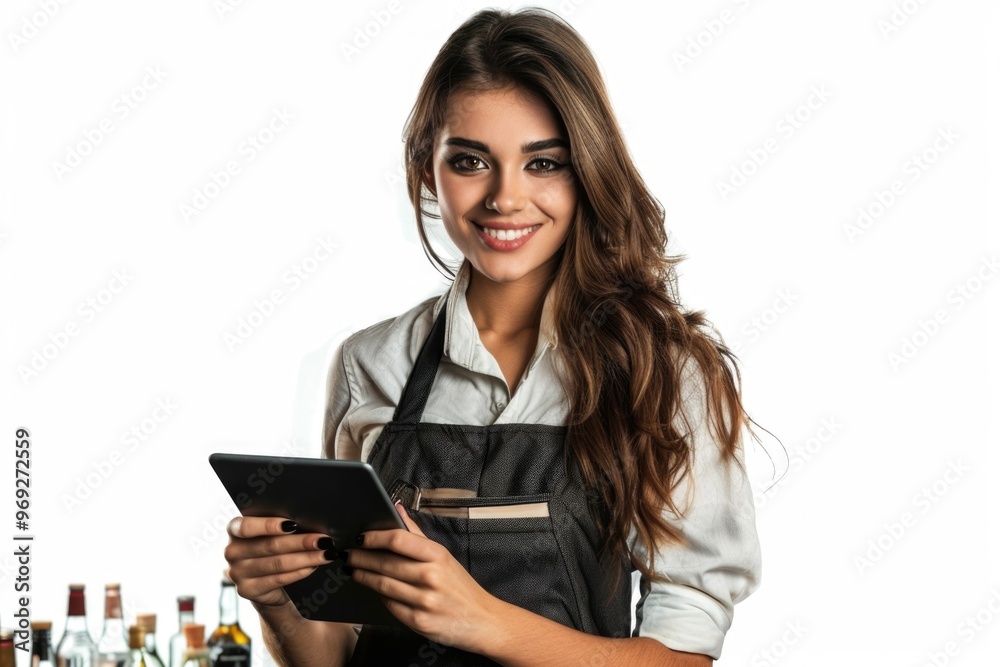 Wall mural a woman holds a tablet computer while wearing an apron, suitable for use in education, business or l