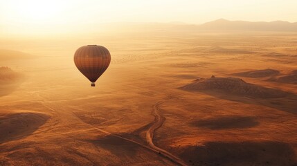 A hot air balloon floats over a vast, golden landscape at sunset.