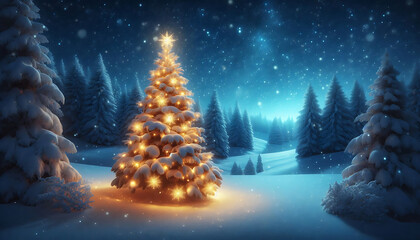 A beautifully lit Christmas tree adorned with snow sits in a serene winter landscape under a starry night sky. The tree is brightly illuminated from within radiating a warm glow