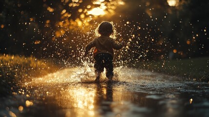 Obraz premium A child joyfully splashes in water at sunset, capturing a moment of carefree play.