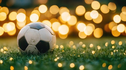 Fototapeta premium Close-up of a soccer ball on a grassy field with bokeh lights behind, symbolizing the excitement of the sport.
