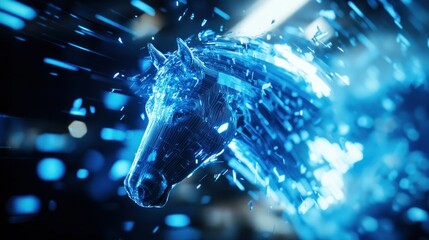 A futuristic, digital representation of a horse composed of glowing particles.