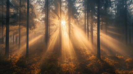 A serene forest scene with sunlight filtering through trees, creating a mystical atmosphere.