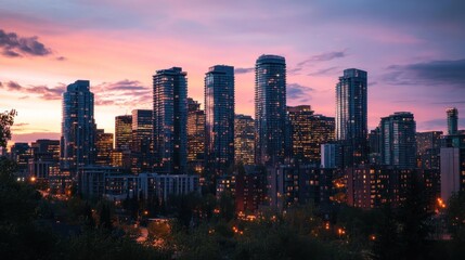 Fototapeta premium A city skyline at sunset with illuminated buildings and a colorful sky.