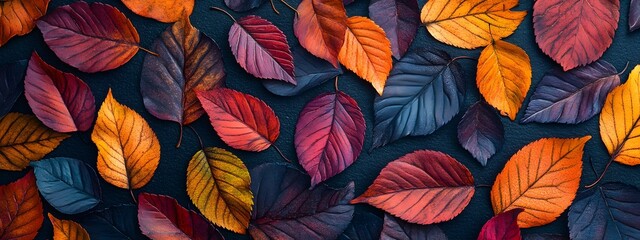 Fototapeta premium Colorful autumn leaves on a dark background, close-up. Colorful background with vibrant fall foliage