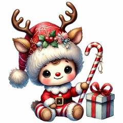 adorable baby gnome in a reindeer costume with a candy cane, present, and sparkling hat