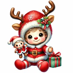  adorable baby gnome in a reindeer costume, holding a candy cane and a Santa doll, with a sparkling hat