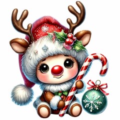 cute and adorable baby gnome in a reindeer costume with antlers, a red nose, a candy cane, and a sparkling hat