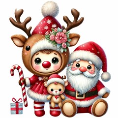 Adorable Christmas characters featuring a reindeer-costumed girl holding a candy cane and plush toy, alongside a cute Santa Claus. Festive, whimsical holiday scene with gifts and winter attire.