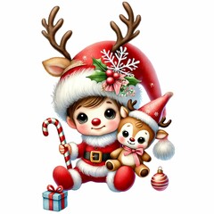 cute and adorable baby gnome in a reindeer costume, holding a candy cane and a reindeer doll, with a sparkling hat
