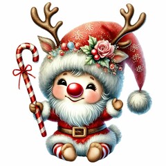 cute and adorable baby gnome in a reindeer costume with antlers, a red nose, a candy cane, and a sparkling hat