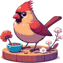 A cute Northern Cardinal bird standing with vibrant red feathers with white background