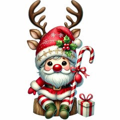 adorable baby gnome in a reindeer costume with a candy cane, present, and sparkling hat