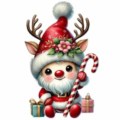 cute and adorable baby gnome in a reindeer costume with antlers, a red nose, a candy cane, and a sparkling hat