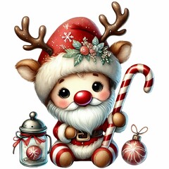 adorable baby gnome in a reindeer costume, holding a candy cane and a glass jar, with a sparkling hat