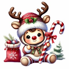 adorable baby gnome in a reindeer costume, holding a candy cane and a Christmas stocking, with a sparkling hat