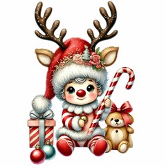  adorable baby gnome in a reindeer costume, holding a candy cane and a Santa doll, with a sparkling hat