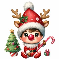 adorable baby gnome in a reindeer costume, holding a candy cane and a small Christmas tree, with a sparkling hat