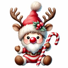 cute and adorable baby gnome in a reindeer costume with antlers, a red nose, a candy cane, and a sparkling hat