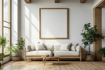 Fototapeta premium Modern living room with a sofa, plants, and a blank wall for decoration.