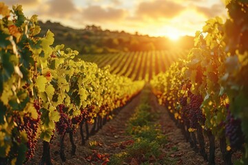sundrenched vineyard at golden hour rows of lush grapevines stretching to horizon warm light illuminating leaves and clusters epitome of wine country beauty