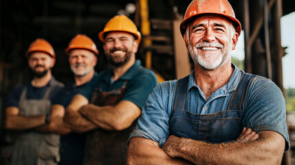 Steel and Smiles: A group of experienced construction workers stand proudly, showcasing their hard work and camaraderie in a rugged industrial setting.  Their smiles radiate a sense of accomplishment 