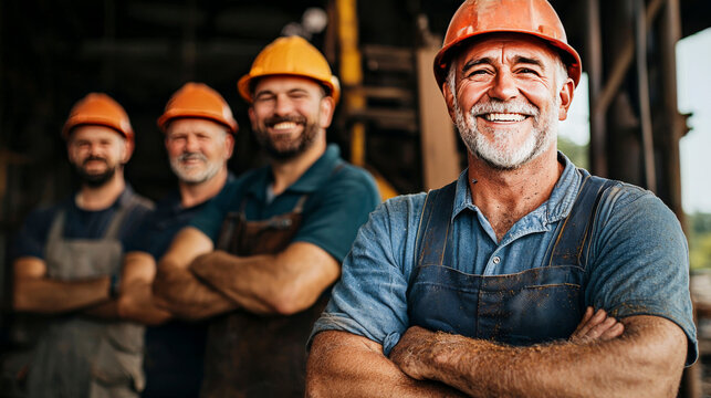 Steel and Smiles: A group of experienced construction workers stand proudly, showcasing their hard work and camaraderie in a rugged industrial setting.  Their smiles radiate a sense of accomplishment 