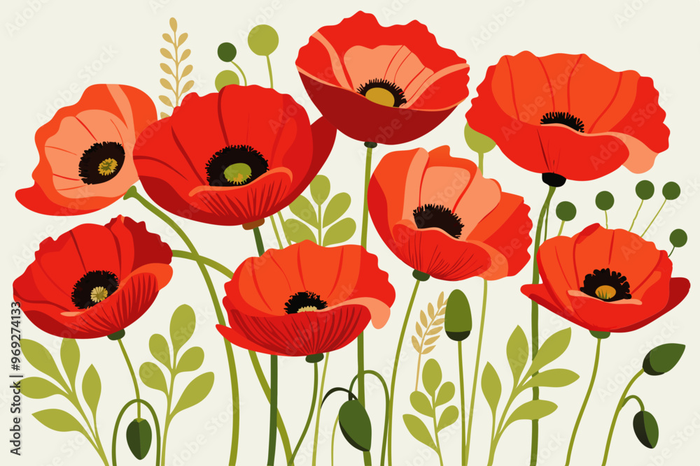 Poster Flower poppy blossom bud or bloom flat isolated icon