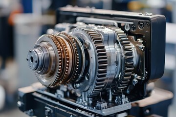 Fototapeta premium Macro shot of gears meshing together inside a transmission system, engine, close-up, gears, mechanics