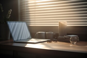 Computer white wallpaper on working desk furniture laptop window.