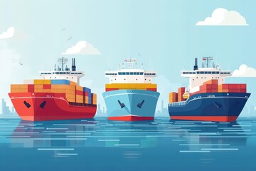 Fototapeta premium Maritime logistics, ships and cargo routes, flat design illustration