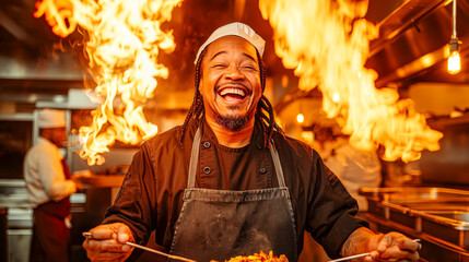 Culinary Inferno: A chef masters the flames, his infectious joy illuminating the bustling kitchen as he plates a dish amidst a spectacle of fire. 