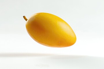 A juicy mango flying through the air against a white background