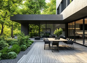 Obraz premium An elegant terrace of a modern house. A built-in barbecue and a luxury outdoor table complete the look. Interior design. A 3D rendered image, a 3D illustration.