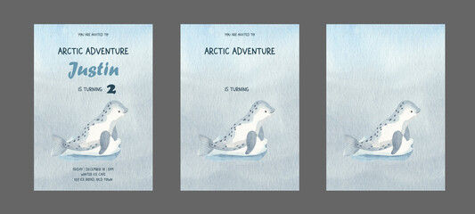 Set of watercolor postcard templates for happy birthday with arctic baby beluga standing on the ice