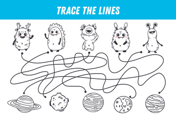 Find the way. Cute monsters and planets. Space elements. Educational game for preschool kids. Activity, coloring page. Vector